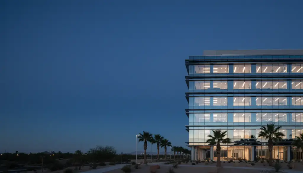 Glass office building at blue hour in a desert technology park, lit floors and palms