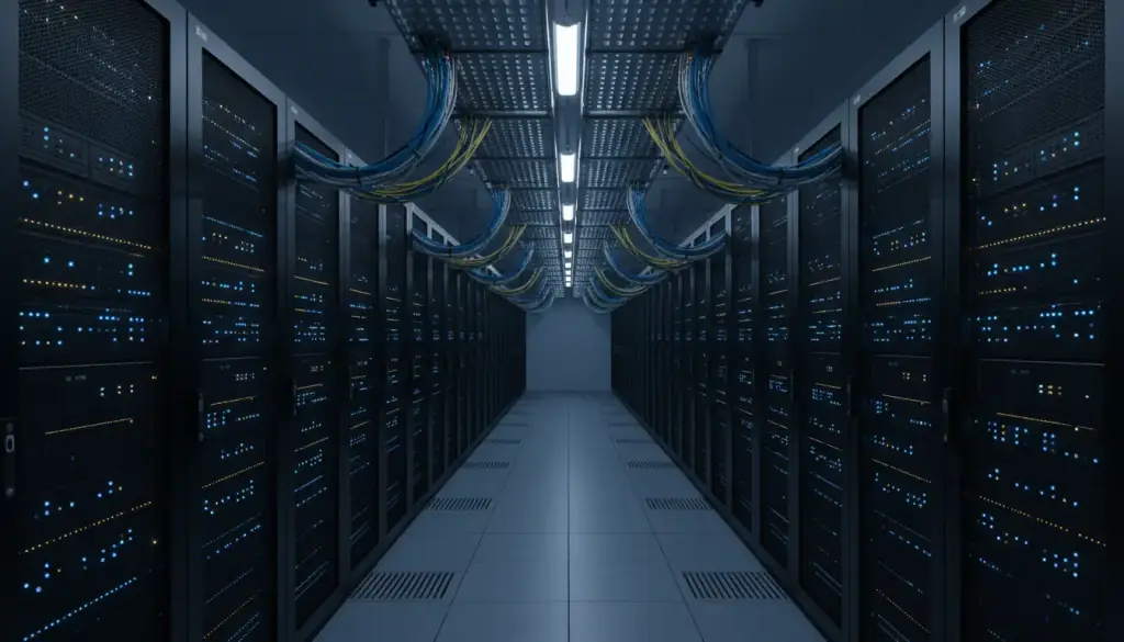 A symmetrical data-centre aisle of server racks with fibre cabling in overhead trays