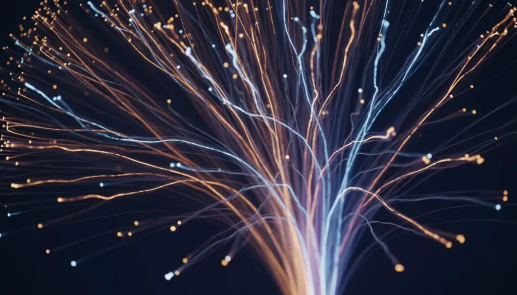 Fibre-optic strands carrying amber and blue light, branching like channels of capital flow