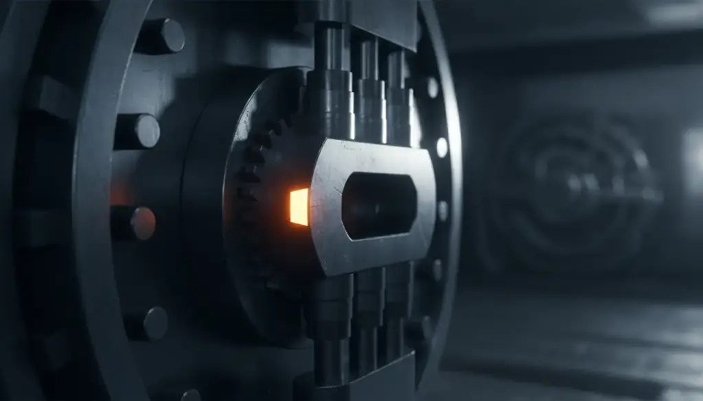 Locking bolts of a heavy steel vault door with a single amber highlight