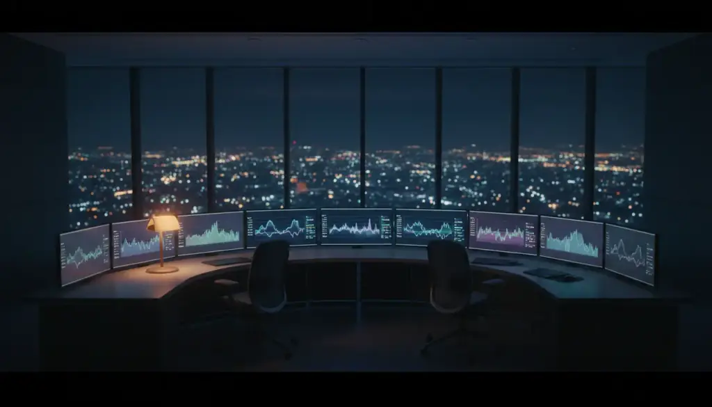 An empty operations room at night, a curved desk of monitors in front of city lights